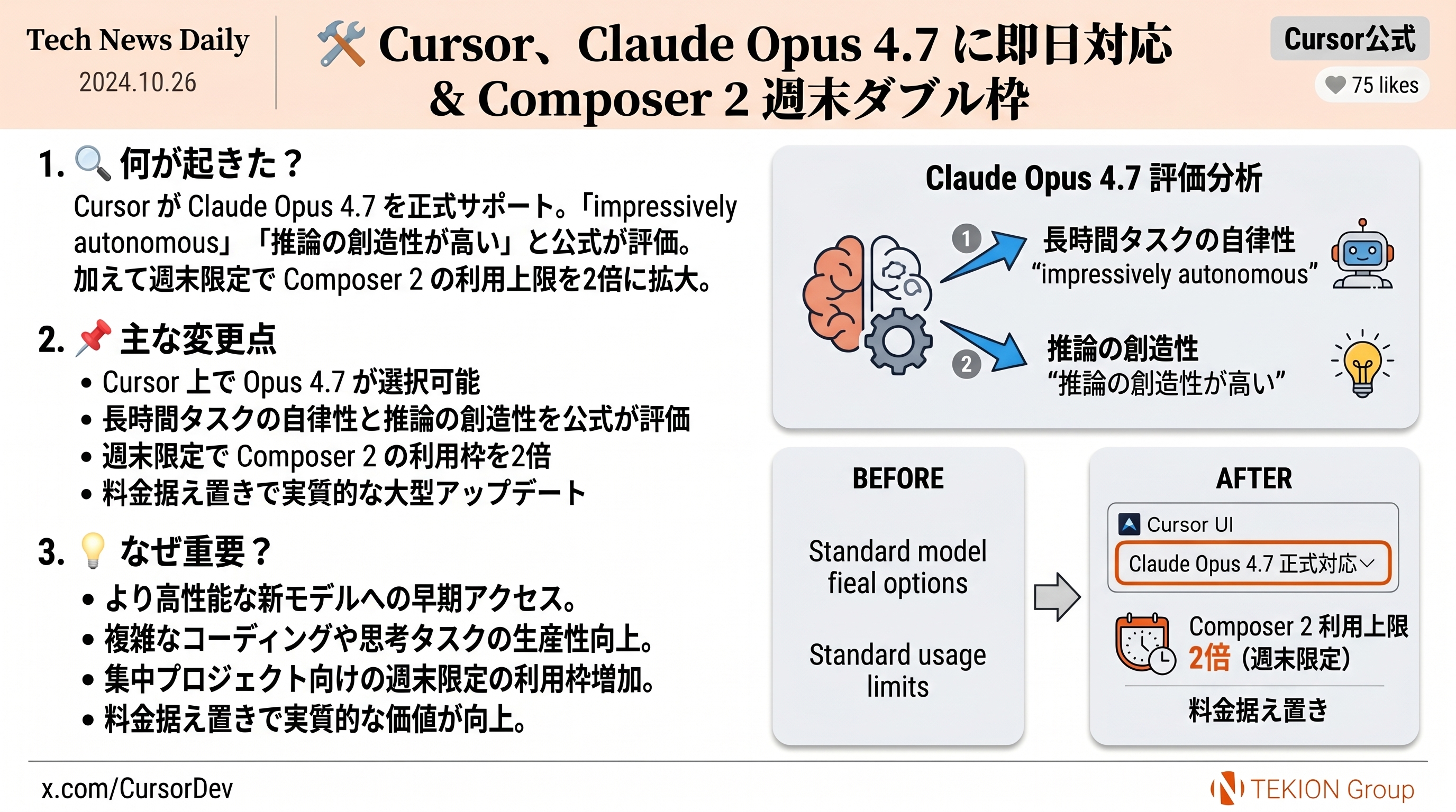 Cursor、Claude Opus 4.7 に即日対応 & Composer 2 週末ダブル枠