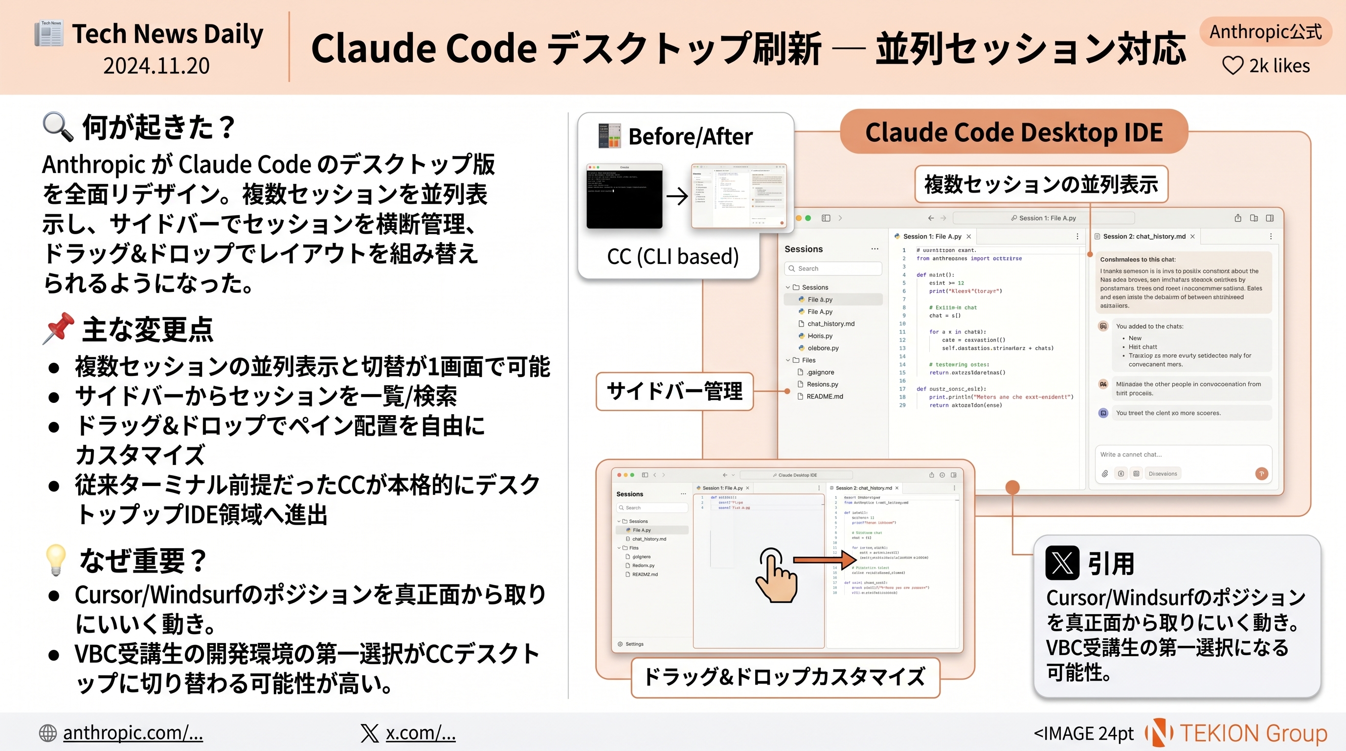 Claude Code デスクトップ刷新 — 並列セッション対応