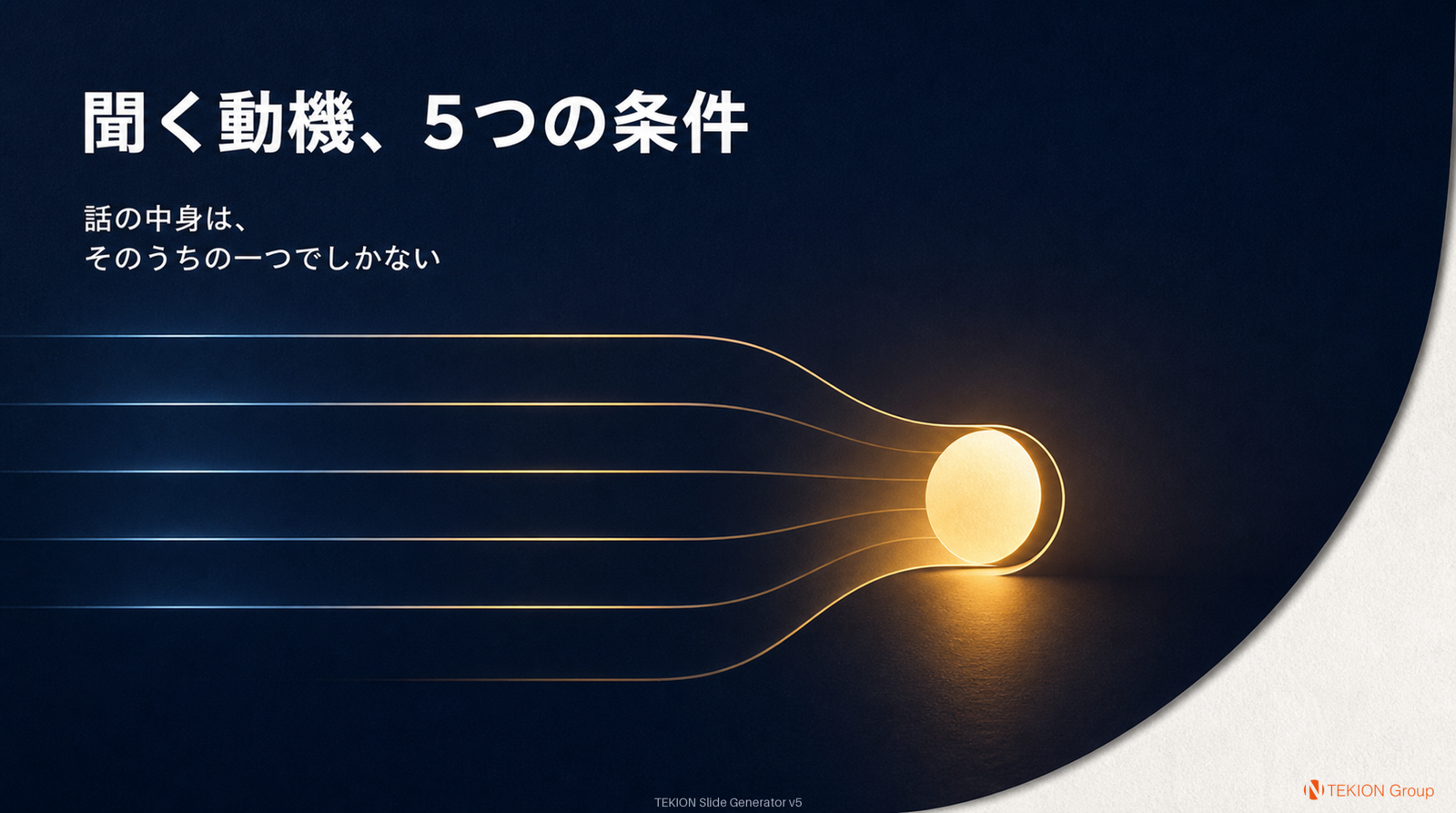 Slide 4 — 聞く動機を決める、5つの条件